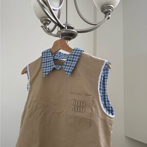 Miu Miu Tan Midi Dress with Blue Plaid Collar